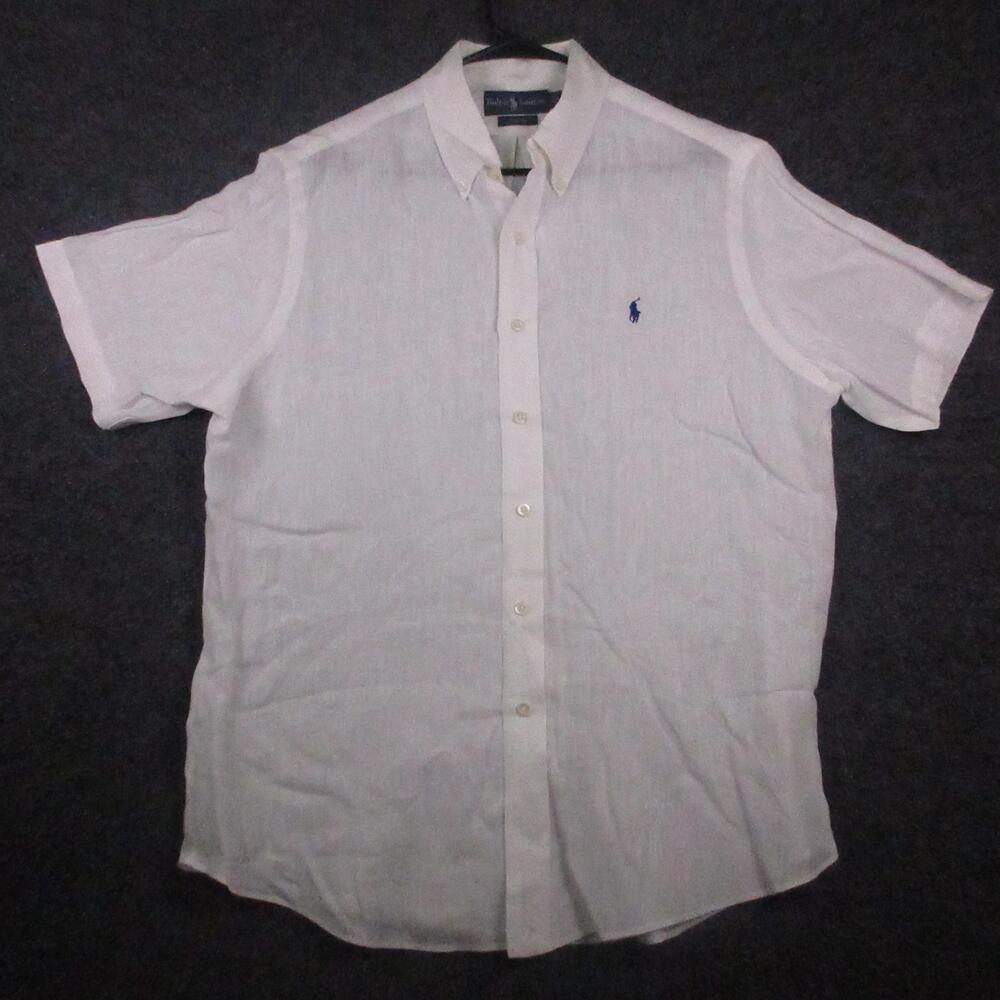 Ralph Lauren Shirt Mens Large White Linen Short Sleeve Button Front Custom Fit